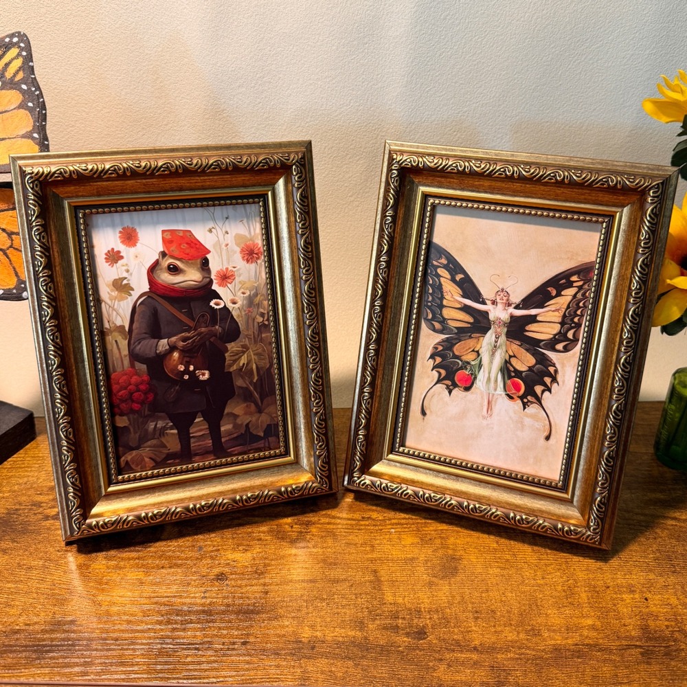 2 Ornate Gold Framed Art Prints Whimsical Frog Butterfly Fairy 6x8 Cottagecore
